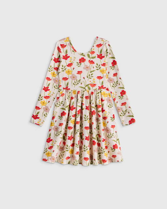 Organic Cotton Long Sleeve Skater Dress - 2T / Red Poppy Garden