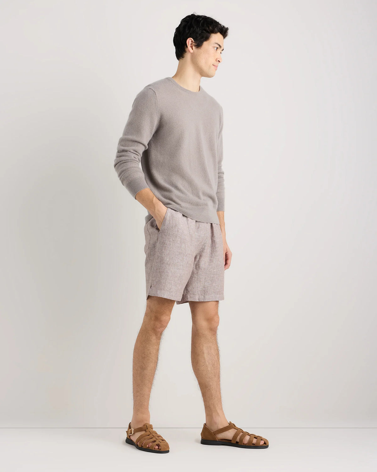 100% European Linen Drawstring Beach Shorts - 7" - XS / Taupe Brown Chambray