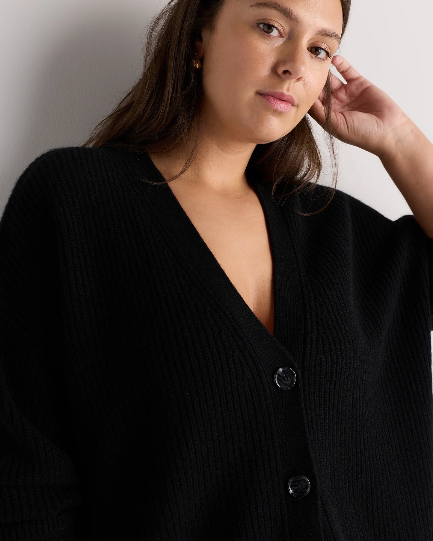 Mongolian Cashmere Fisherman Boxy Cropped Cardigan Sweater - 1X / Black