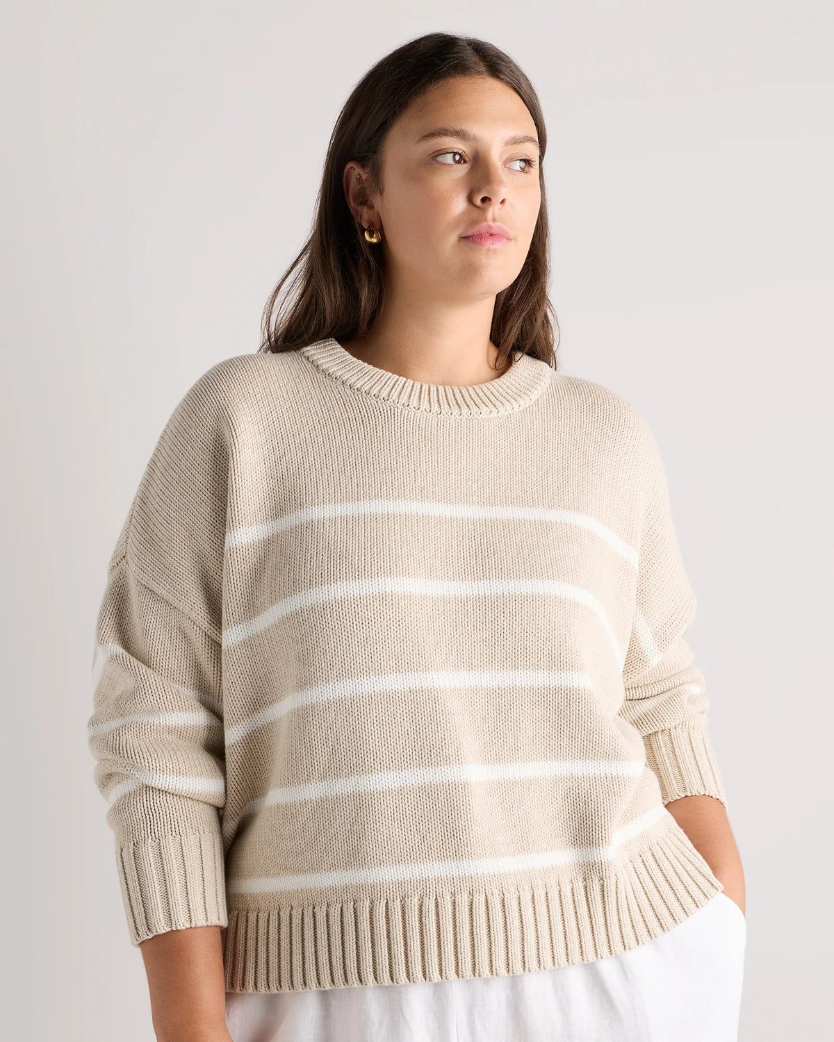 100% Organic Cotton Striped Crew Sweater - 1X / Speckled Beige/Ivory