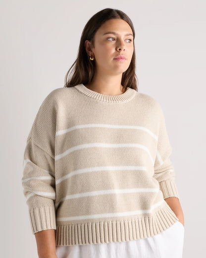100% Organic Cotton Striped Crew Sweater - 1X / Speckled Beige/Ivory