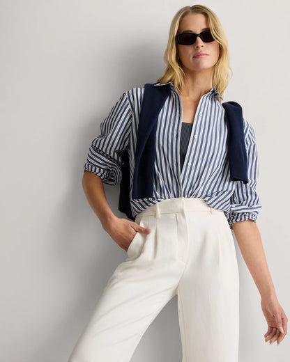 100% Organic Cotton Poplin Long Sleeve Shirt - XS / Delta Blue Double Stripe