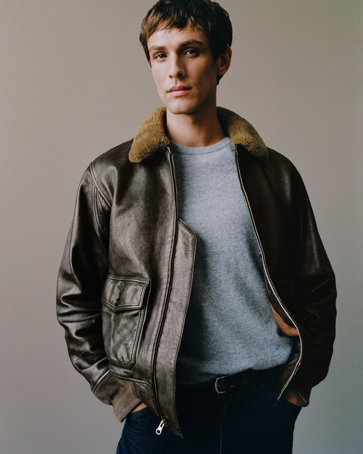 Shearling Collar Leather Flight Jacket - S / True Black