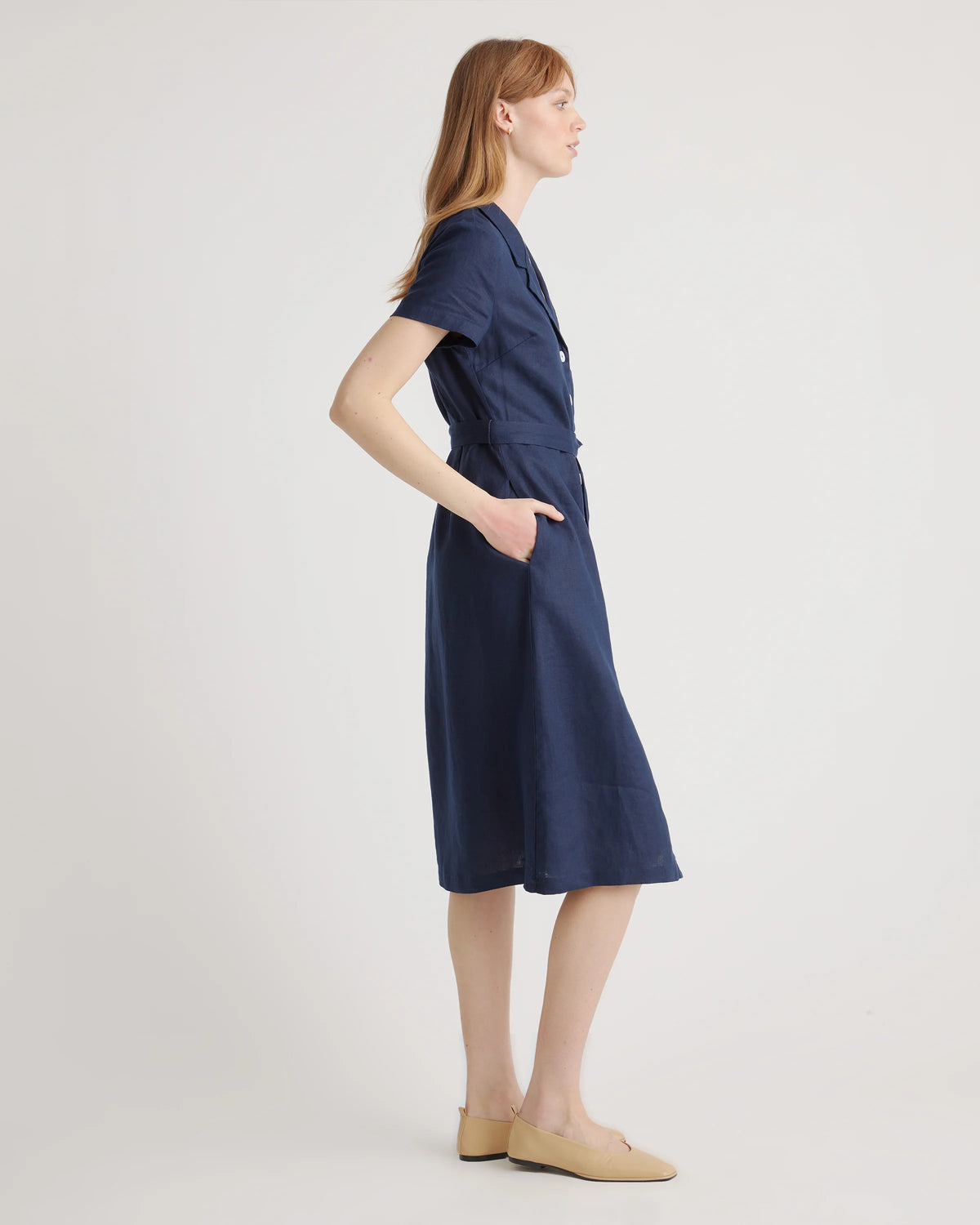 100% European Linen Button Front Dress - XS / Sky Blue Mariner Stripe