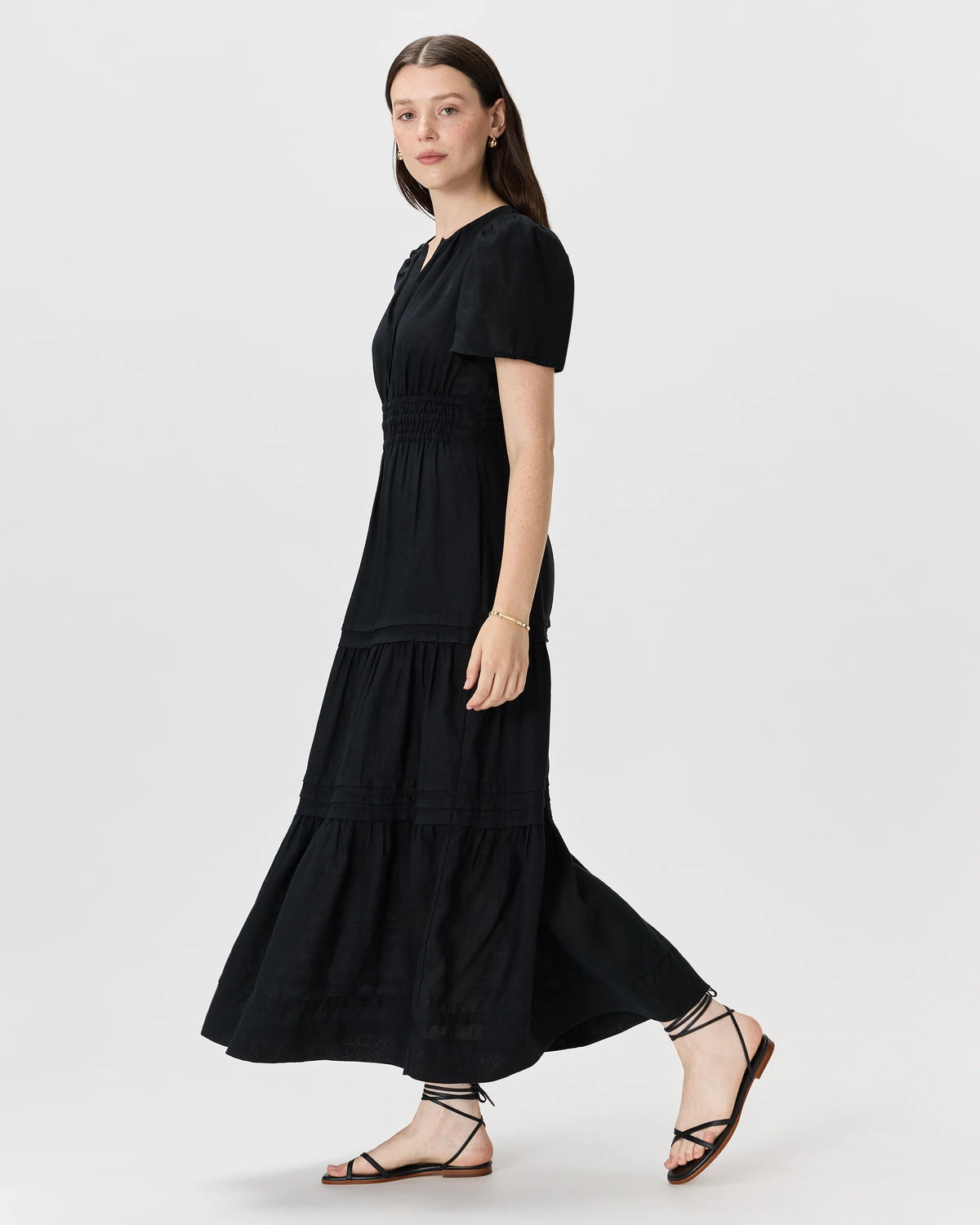 100% European Linen Tiered Maxi Dress - XS / Deep Navy