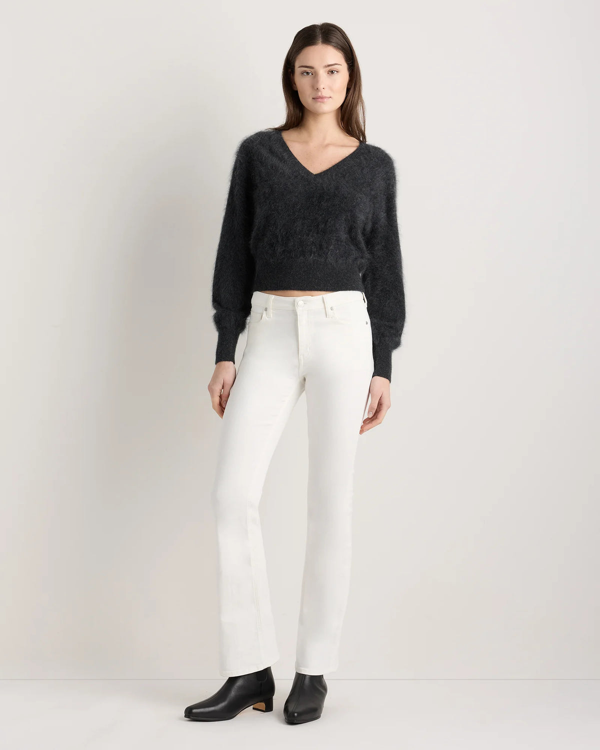 Brushed Cashmere Shrunken V-Neck Sweater - XS / Heather Grey