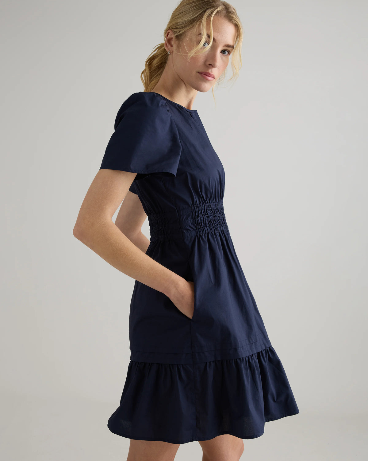 100% Organic Cotton Poplin Tiered Mini Dress - XS / Riviera Blue Heirloom Floral