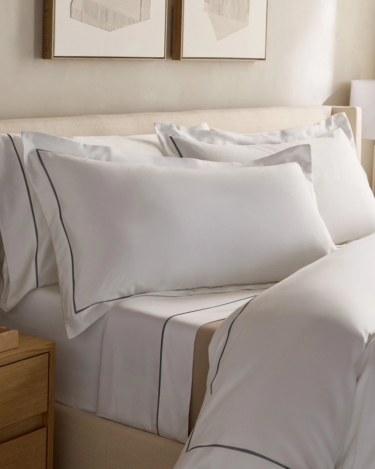 Signature Giza Cotton Sateen Embroidered Sham Set - Standard / White/Dried Sage