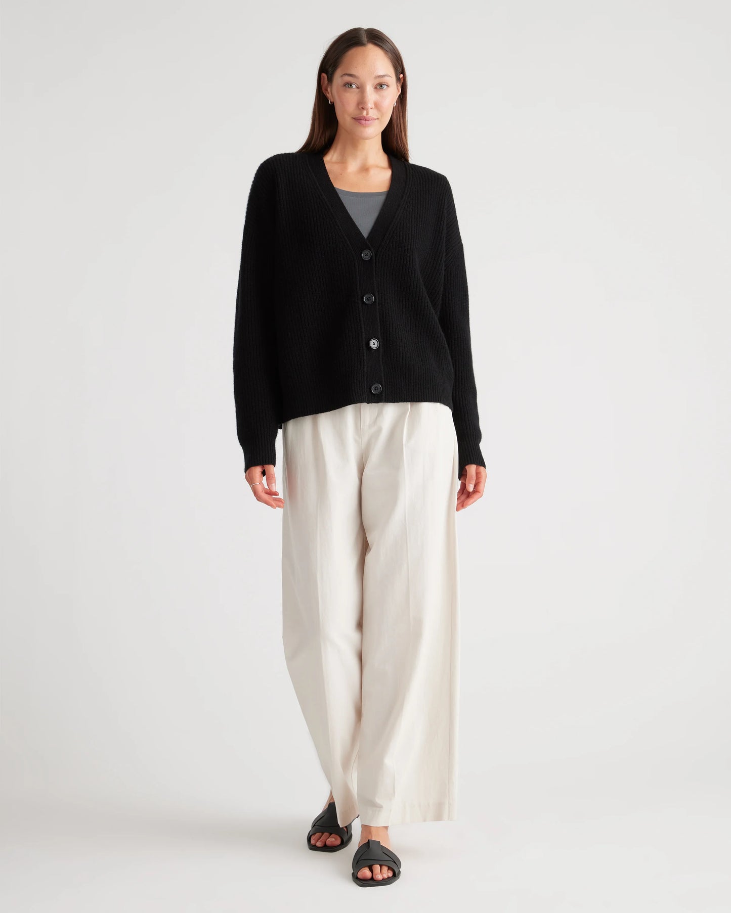 Mongolian Spring Cashmere Fisherman Boxy Cropped Cardigan Sweater - XS / Heather Grey