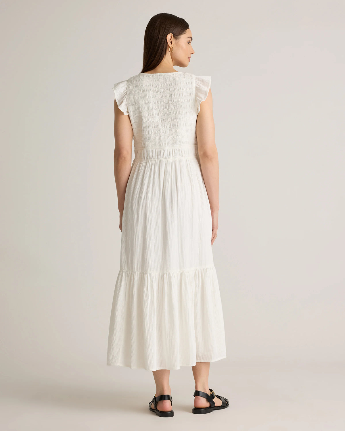 Organic Textured Cotton Smocked V-Neck Midi Dress - XS / Pale Custard Yellow