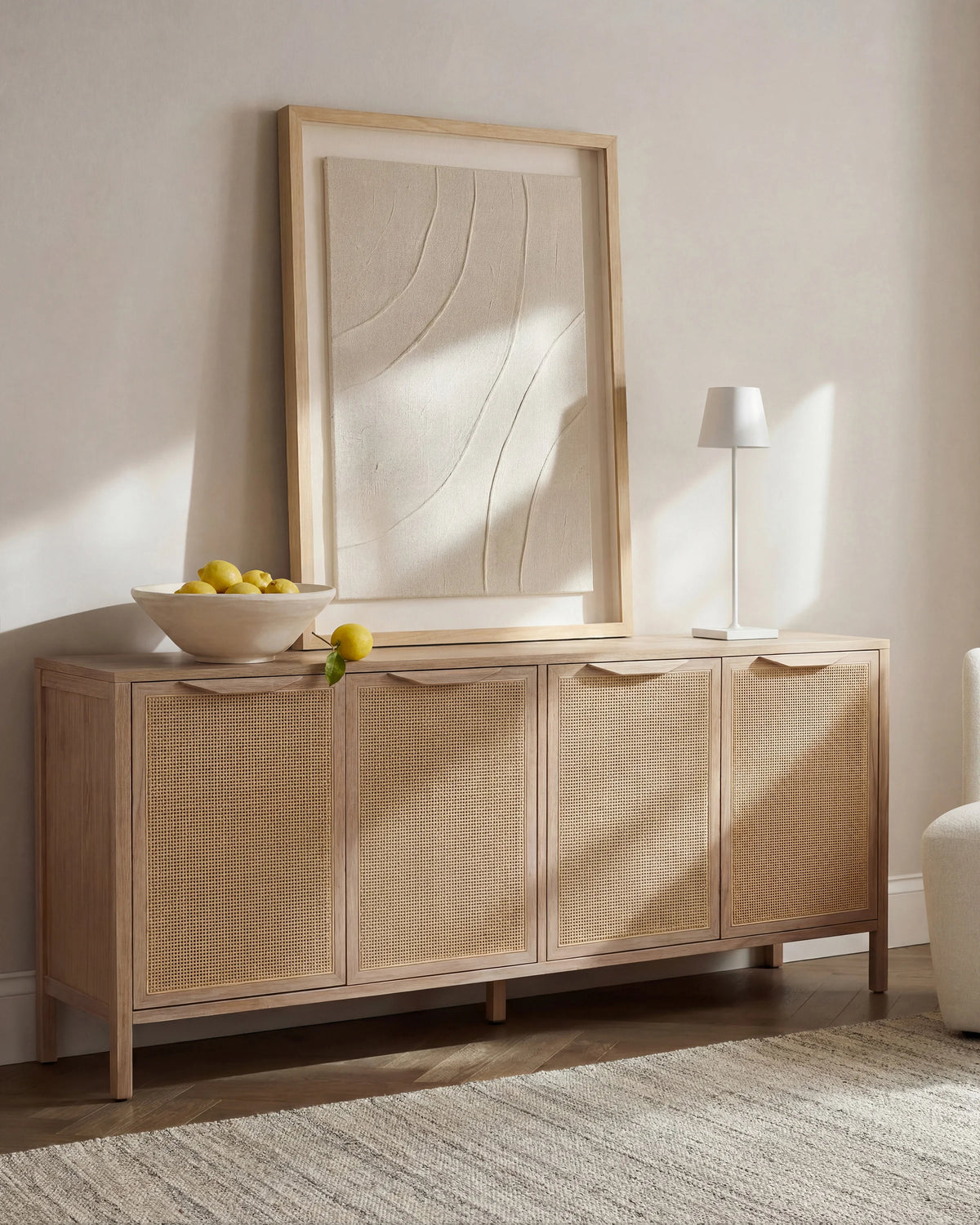 Solid Wood and Natural Rattan Sideboard - One Size / Natural