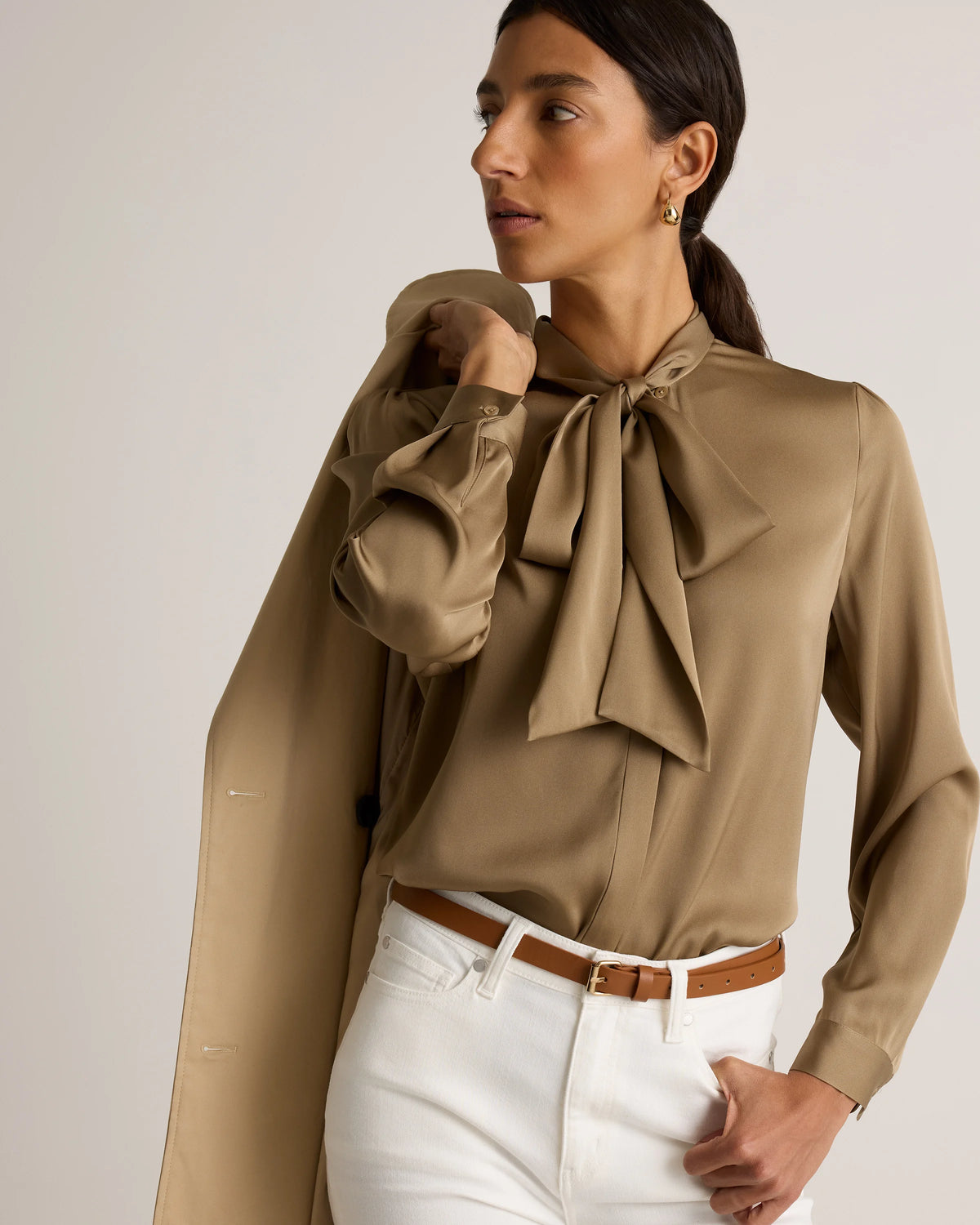 Washable Stretch Silk Tie Neck Blouse - XS / Moonstone Blue