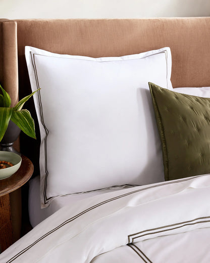 Organic Crisp Percale Embellished Euro Sham - Euro / White/Dusty Olive