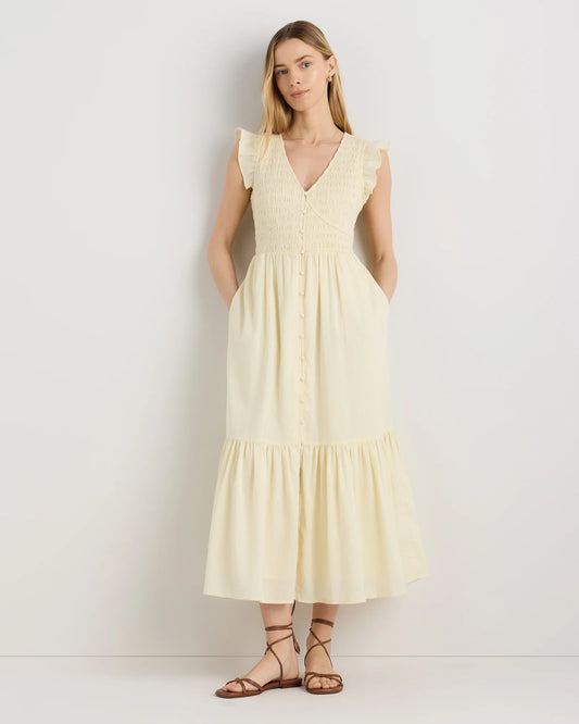 Organic Textured Cotton Smocked V-Neck Midi Dress - XS / Pale Custard Yellow