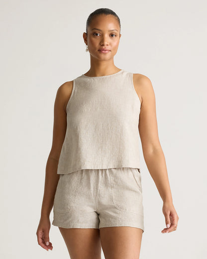 100% European Linen Cropped Tank - XS / Taupe Brown Gingham