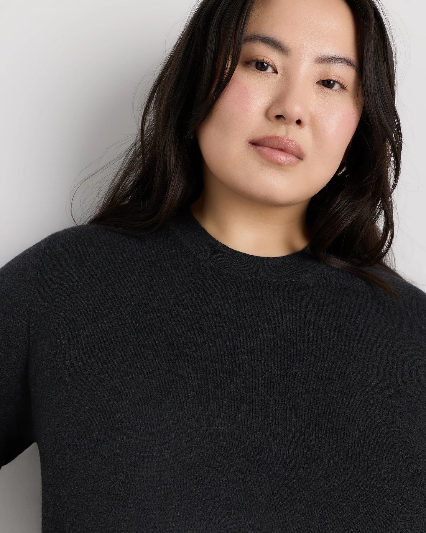 Lightweight Cotton Cashmere Crew Sweater - 1X / Black