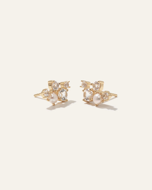 Mini Topaz Pearl Sparkle Climber Earrings - One Size / Gold Vermeil
