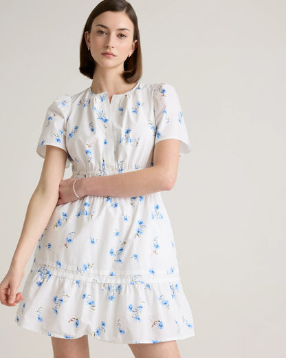100% Organic Cotton Poplin Tiered Mini Dress - XS / Riviera Blue Heirloom Floral