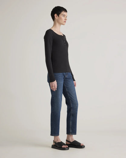 Organic Cotton Micro-Rib Henley Long Sleeve Tee - XS / Heather Oatmeal