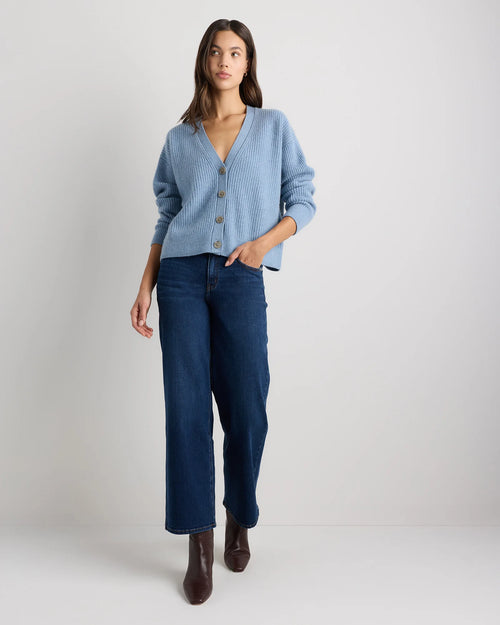 Mongolian Cashmere Fisherman Boxy Cropped Cardigan Sweater - XS / Faded Denim