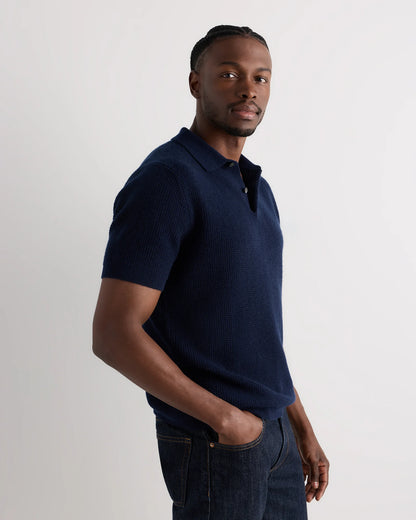 Mongolian Cashmere Waffle Short Sleeve Polo Sweater - S / True Navy