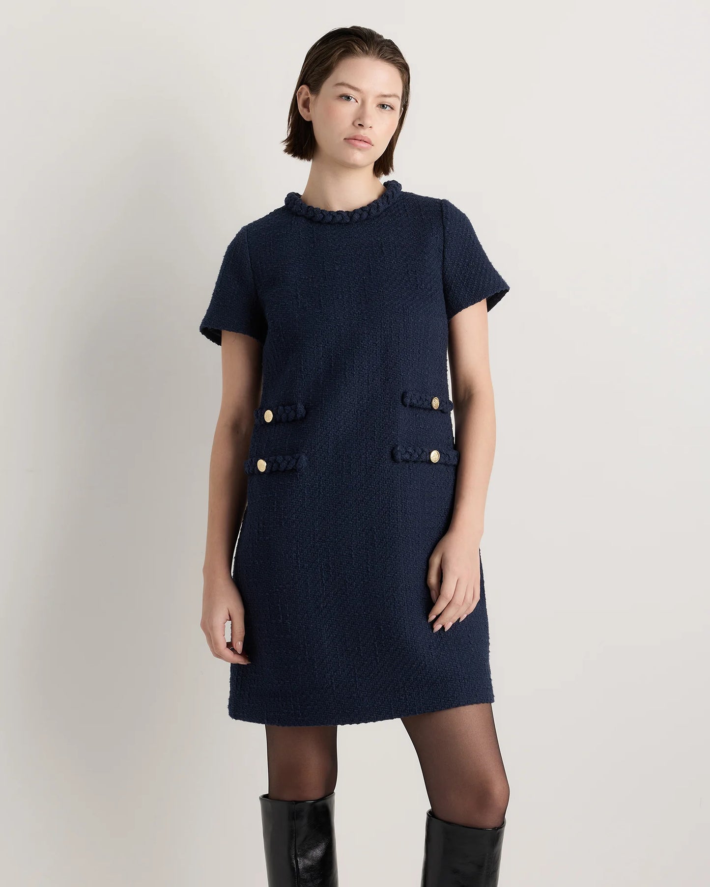 Tweed Short Sleeve Mini Dress - XS / True Black