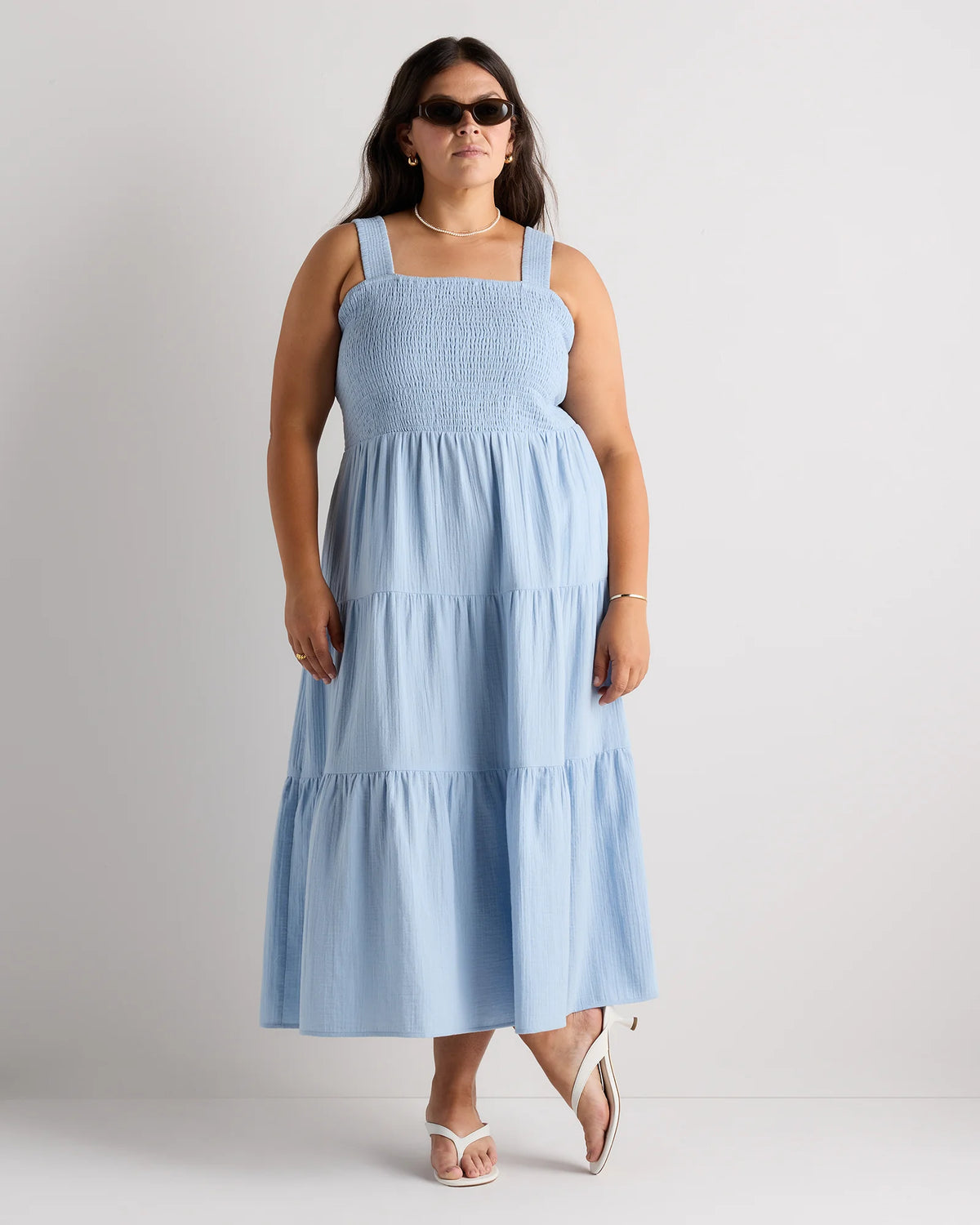 100% Organic Cotton Gauze Smocked Sleeveless Maxi Dress - 1X / Ocean Breeze
