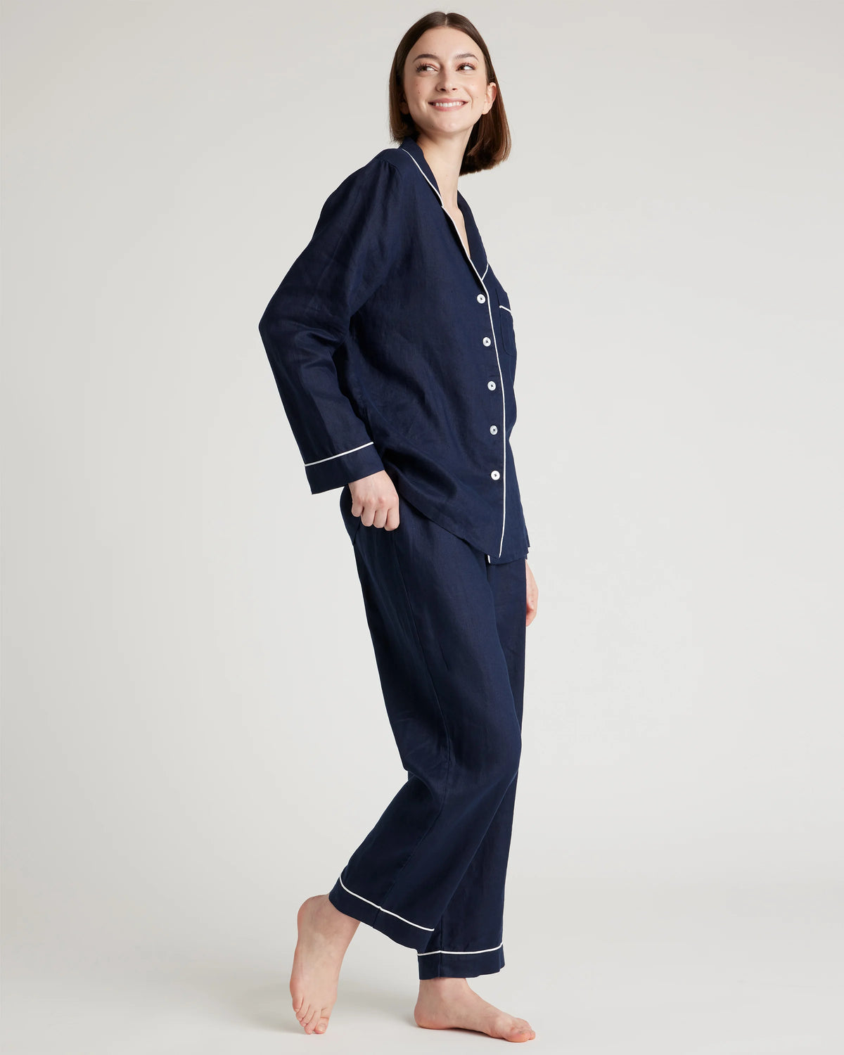 100% European Linen Long Sleeve Pajama Set with Piping - XS / Taupe Brown Gingham