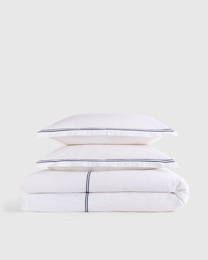Organic Crisp Percale Embellished Duvet Cover Set - Twin / White/Navy