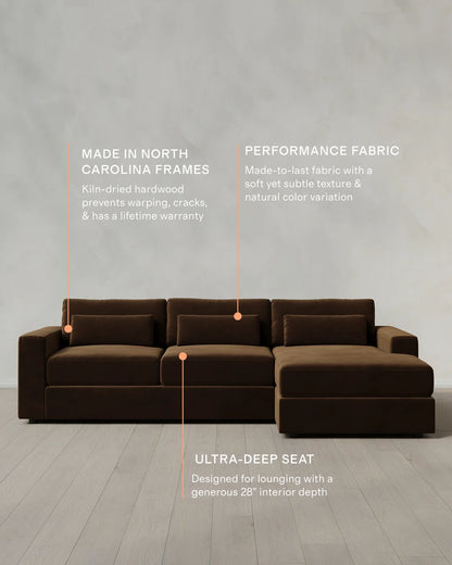 Ashford Deep Seat Chaise Sectional in Performance Velvet - 119" Right Arm / Rust
