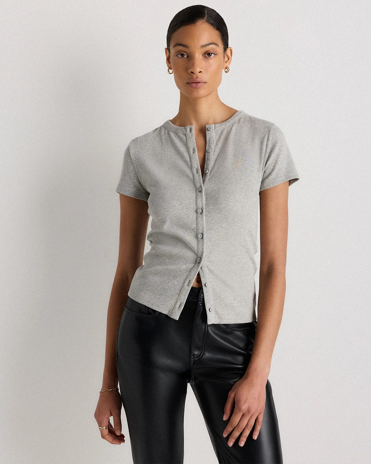 Organic Cotton Micro-Rib Button Tee - XS / Soft White